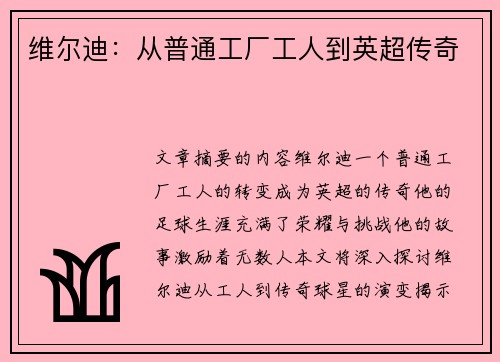 维尔迪：从普通工厂工人到英超传奇